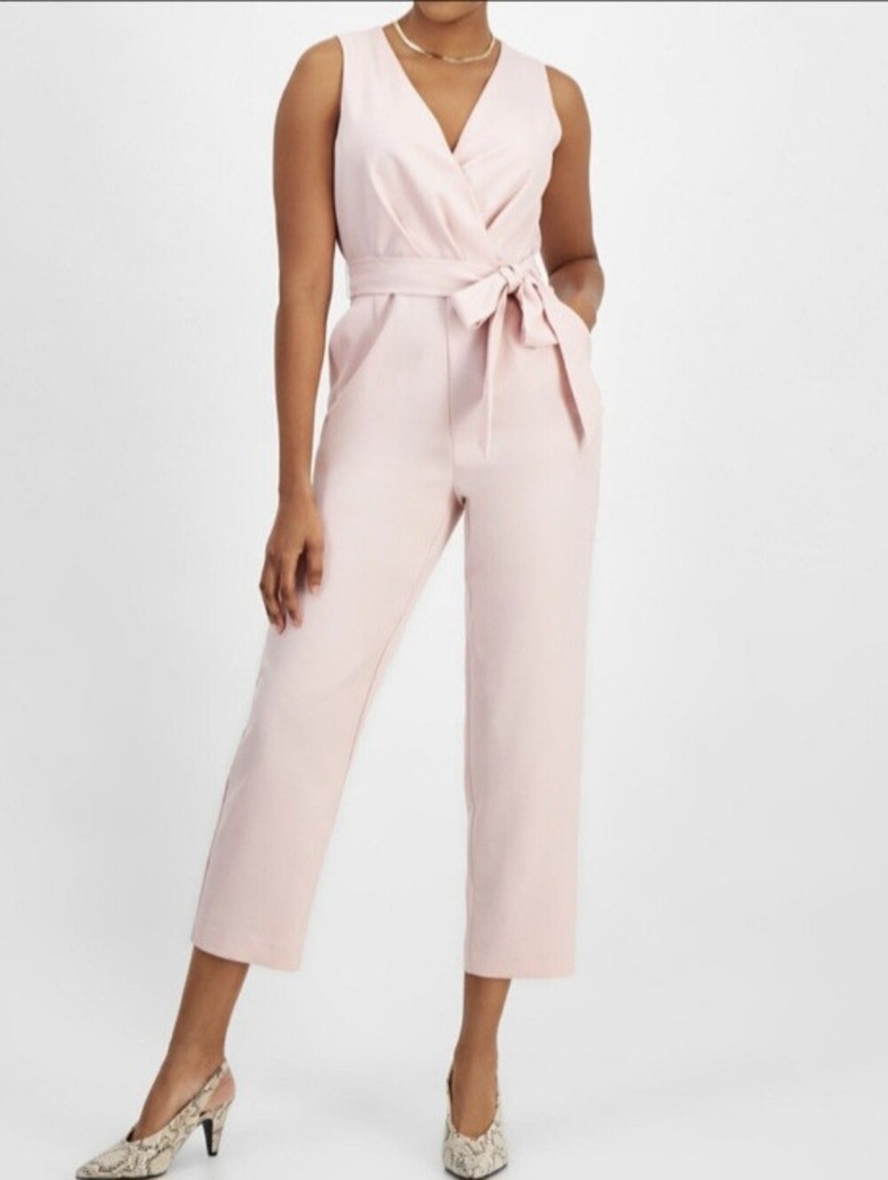Sleeveless Wrap Tie Waist Jumpsuit in Light Pink